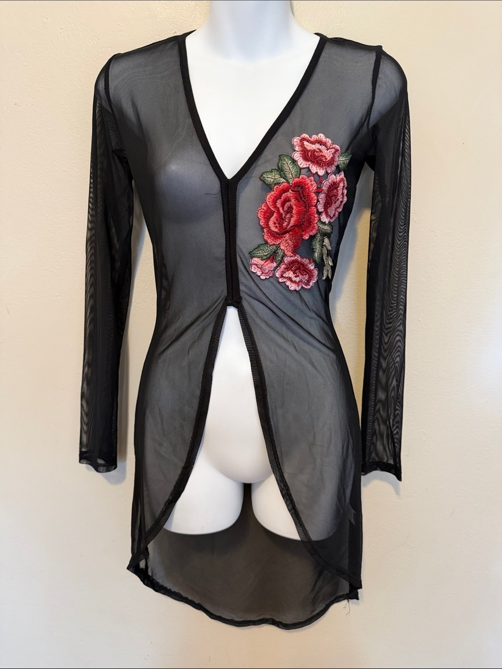 Papermoon Black Sheer Floral Appliqué Swim Coverup with Pink Red Roses